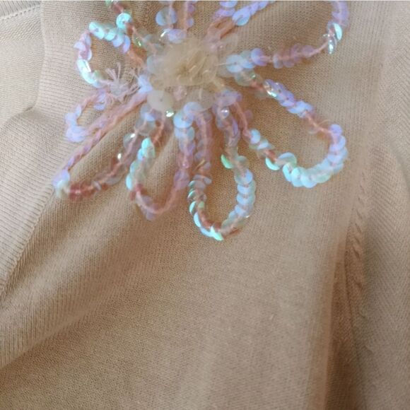 LaRue39 8P SILKBlend BeigeKnit 3/4Sleev CroppedEmbroidery Women's Cardigan - Picture 3 of 5